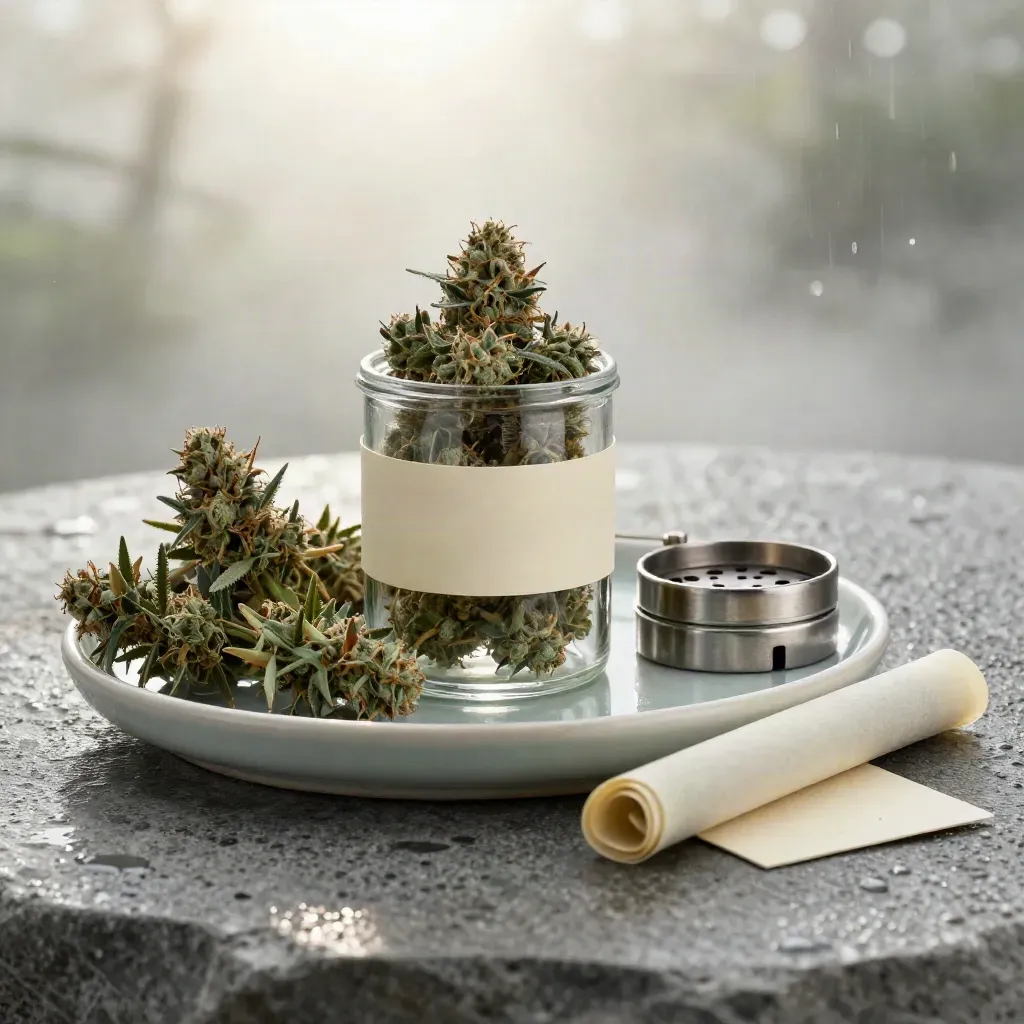 Blue Dream flower jar with spilled buds, grinder and tray on rain-kissed stone in dawn mist