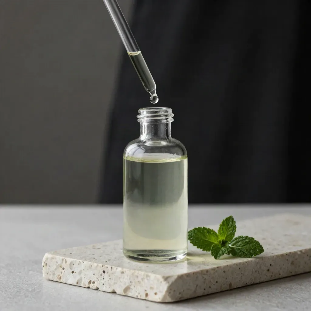 Macro of a mint tincture bottle with dropper, stone saucer and herb sprig in soft steam.