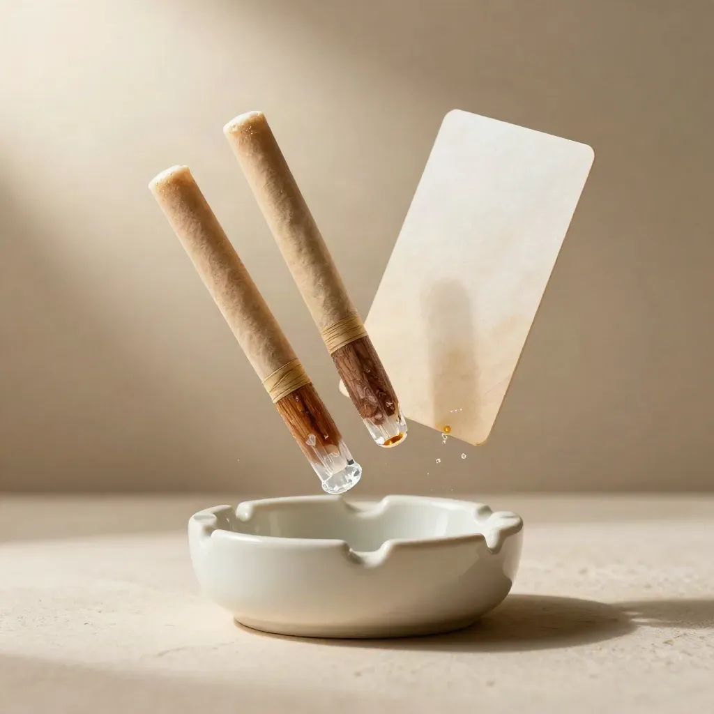 Floating glass-tip pre-rolls with a cream ceramic ash tray on warm ivory plaster.