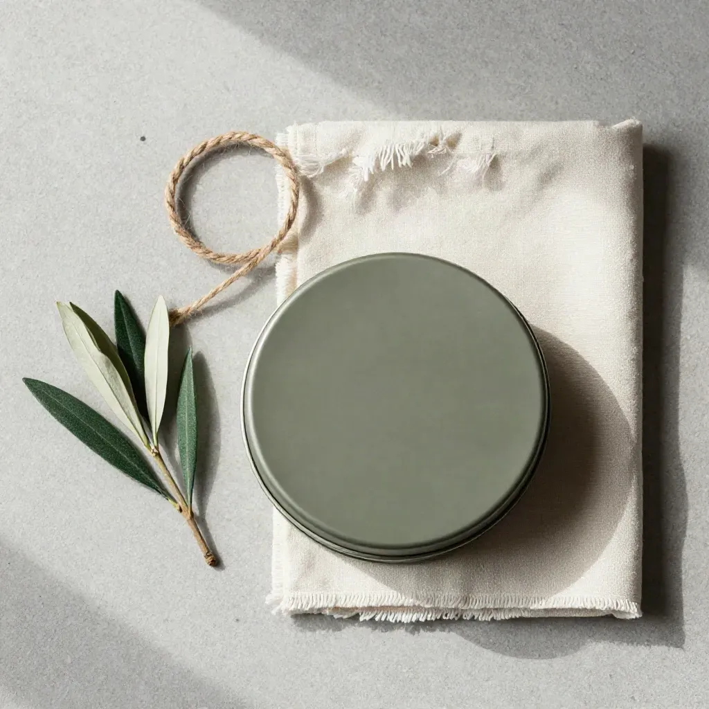 Overhead flatlay of a closed stash tin, hemp twine, cloth square and dried sprig on concrete.