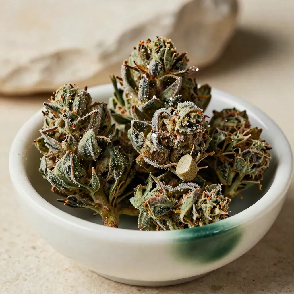Gelato 33 flower in an alabaster bowl, crystal trichomes, pollen, and a deep emerald accent.
