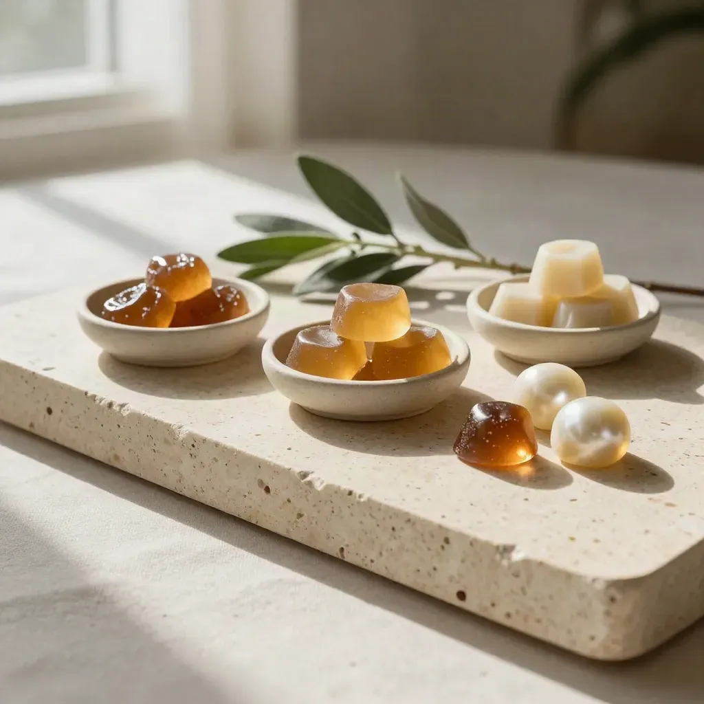 Travertine surface with linen runner, bowls of cannabis gummies, and sage stems in soft light.